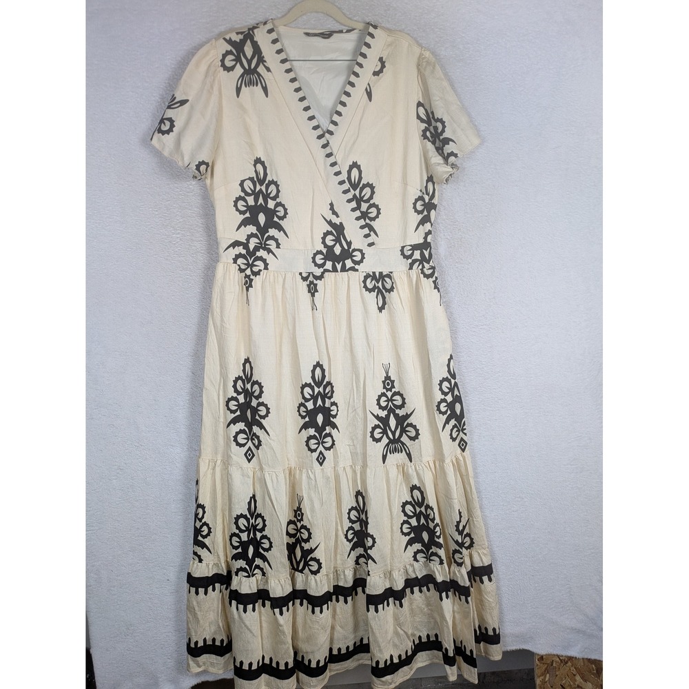 PrettyGarden Maxi Dress Women's XL Cream Black Graphic Print Tiered Wrap V-Neck